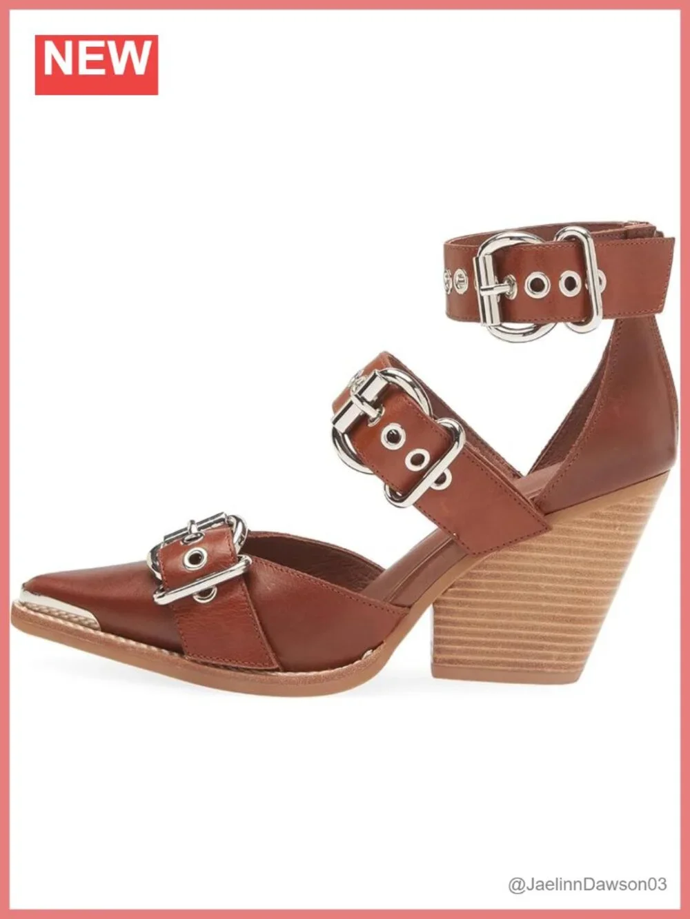 MAVMAX Chunky Heel PU Leather Western Strappy Pumps Pointed Toe Block Heel Shoes